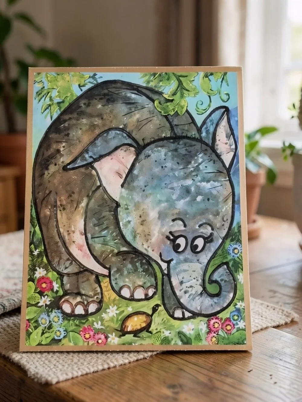 Anniversary Greeting Card Congratulations Cute Elephant Floral Design w/Env